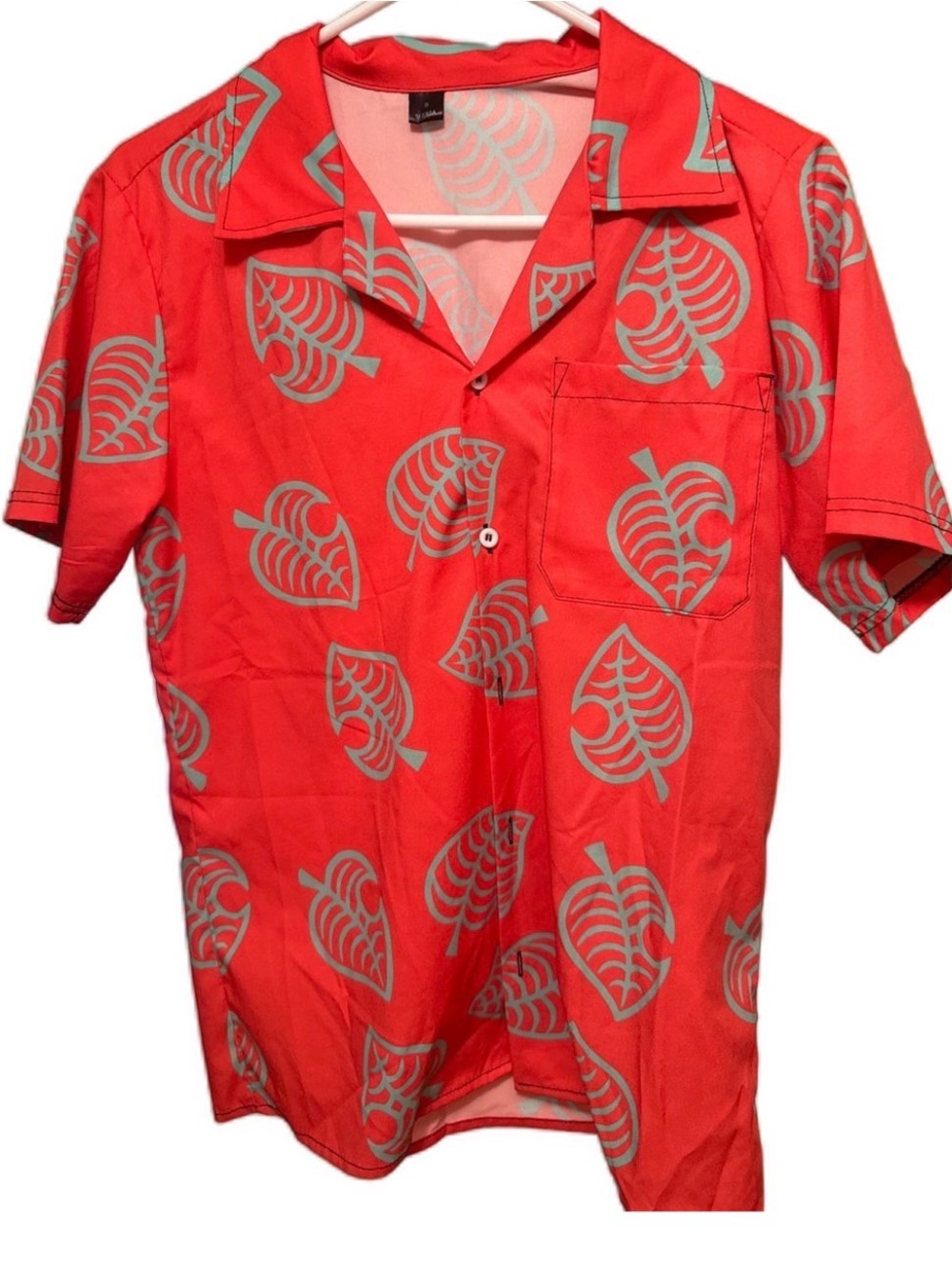 Men's Red Short-Sleeve Button-Up Shirt with Leaf Print